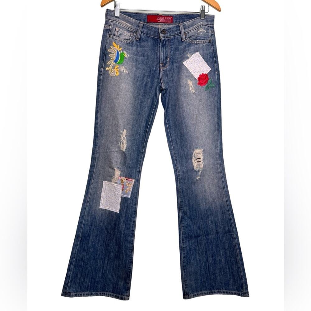 Guess Jeans Flared Bootcut Low Rise Embroidered Destroyed Flared Jeans Size 28